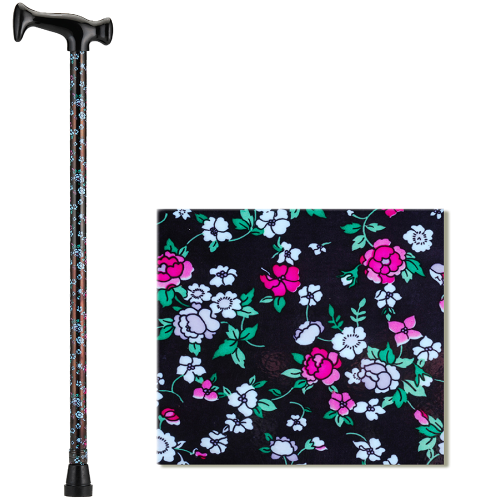 Cane T-Grip Blue & Pink Flowers on Black Swatch